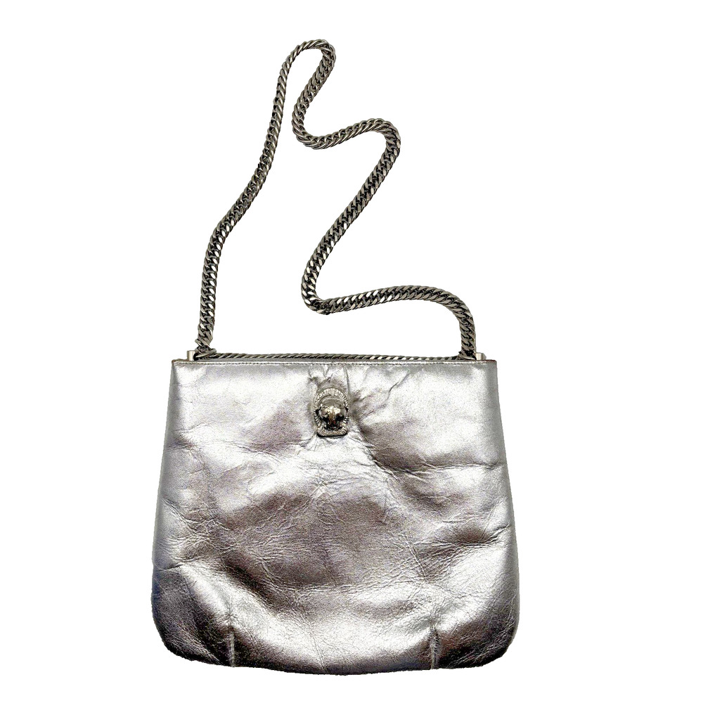 1970s Ruth Saltz Metallic Silver Leather Flex Frame Tiger Head Chain Strap Purse